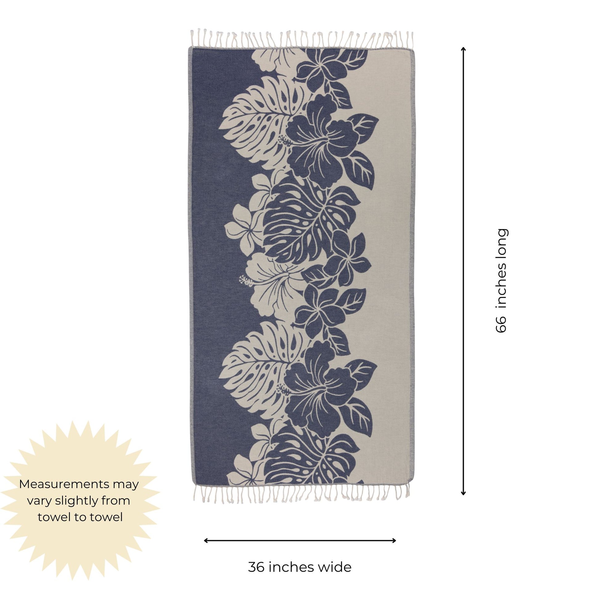 Towel with leaf pattern and measurements on a white background