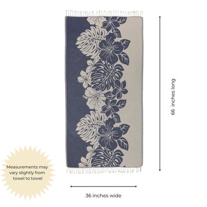 Towel with leaf pattern and measurements on a white background
