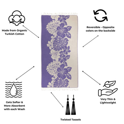 Purple, floral towel with information and product details.