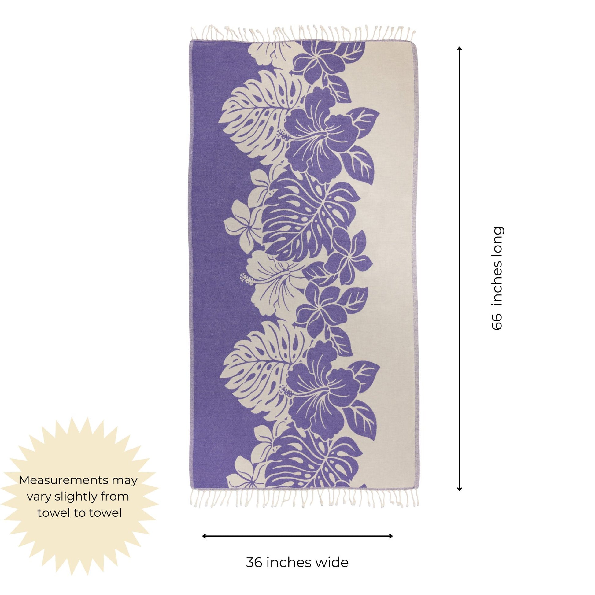 Purple floral towel with measurements 