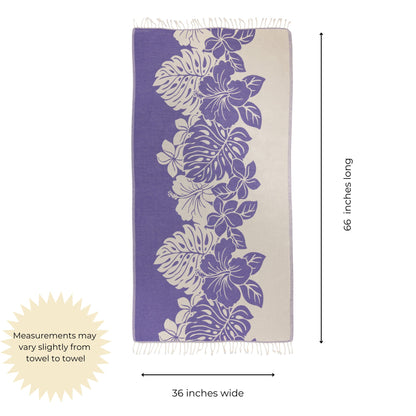 Purple floral towel with measurements 