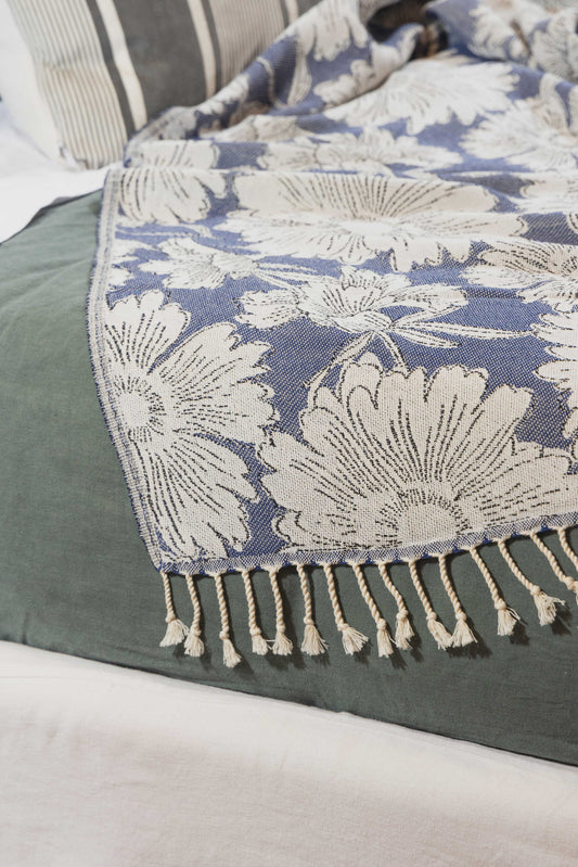 Garden Flower Organic Cotton Medium Weight Throw Blanket in Navy