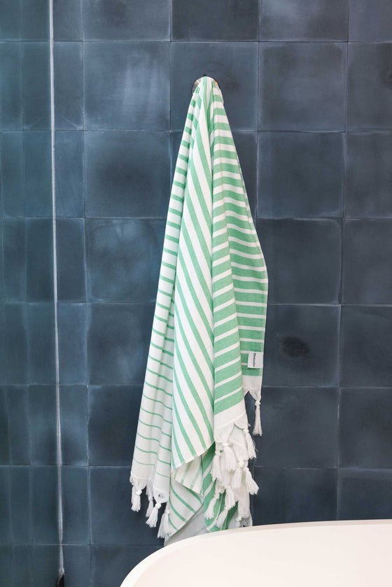 Gradient Striped Organic Turkish Towel with Soft Terry Cloth Back in Green