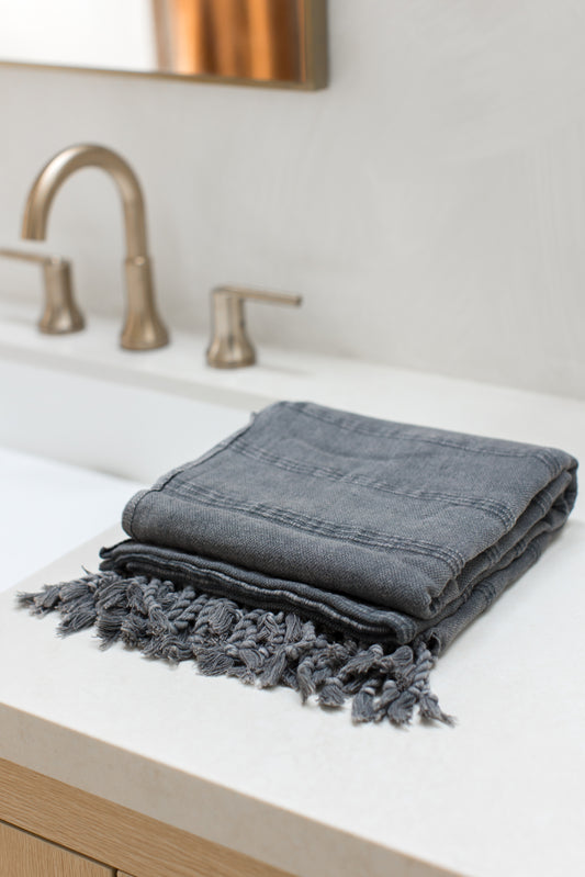 Stonewashed Organic Turkish Towel in Faded Black / Charcoal Grey