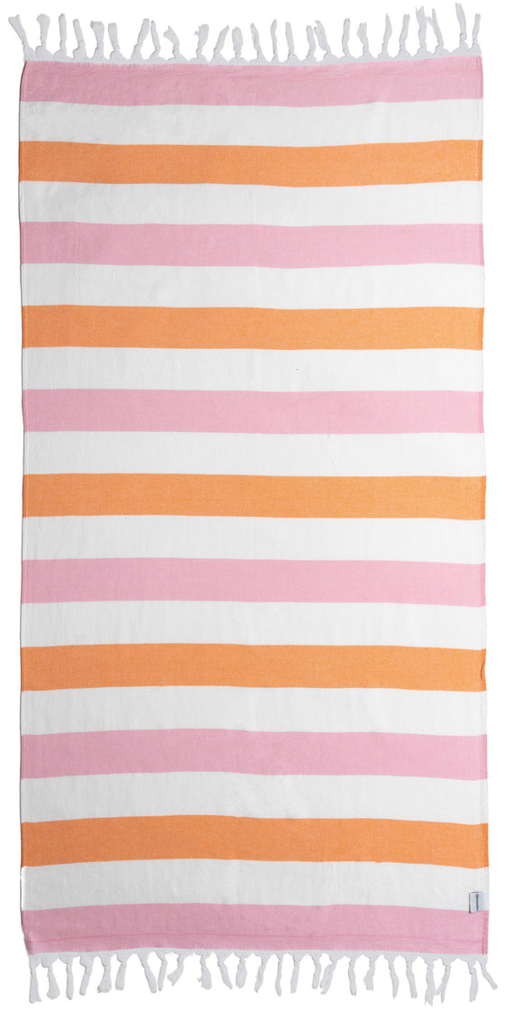 Kapris Striped Turkish Towel with Soft Terry Cloth Back in Pink and Orange