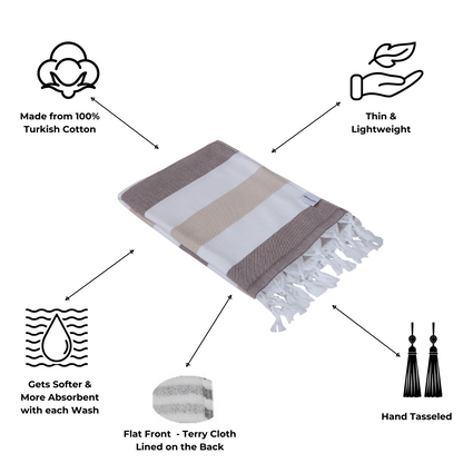 SPA BUNDLE #2 - Set of 6 Kapris Terry Cloth Lined Turkish Towels - Grey (2), Blue (2), Brown (2)