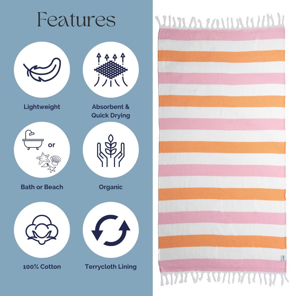 OUTLET SALE - Kapris Terry Lined Turkish Towel in Orange and Pink