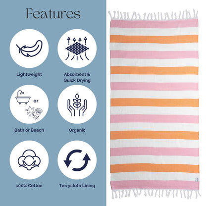 OUTLET SALE - Kapris Terry Lined Turkish Towel in Orange and Pink