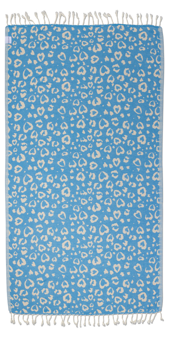 Leopard Heart Organic Turkish Towel in Blue
