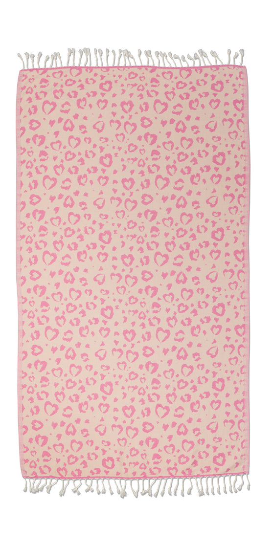 Leopard Heart Organic Turkish Towel in Pink