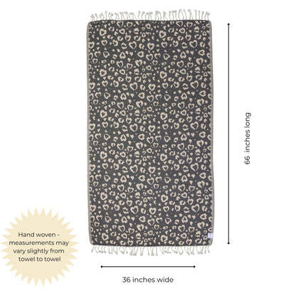 Leopard Heart Matching Blanket & Towel Bundle – Black (1 Blanket + 2 Towels)