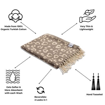 Leopard Heart Matching Blanket & Towel Bundle – Brown (1 Blanket + 2 Towels)