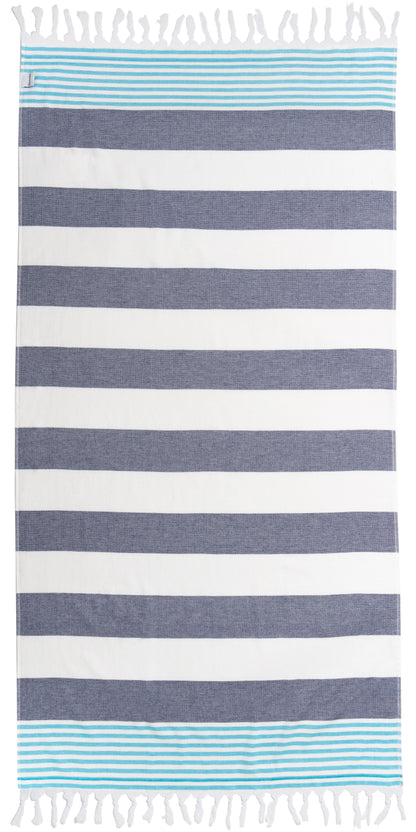 Marine Striped Turkish Towel with Soft Terry Cloth Back in Navy & Blue