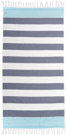  Marine Striped Turkish Towel with Soft Terry Cloth Back in Navy & Blue