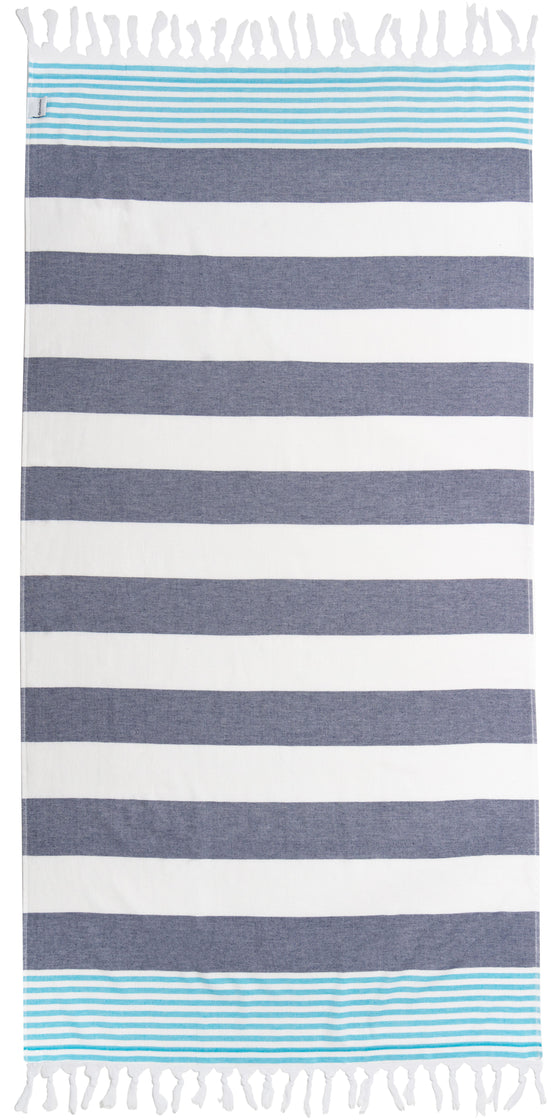 Marine Striped Turkish Towel with Soft Terry Cloth Back in Navy & Blue