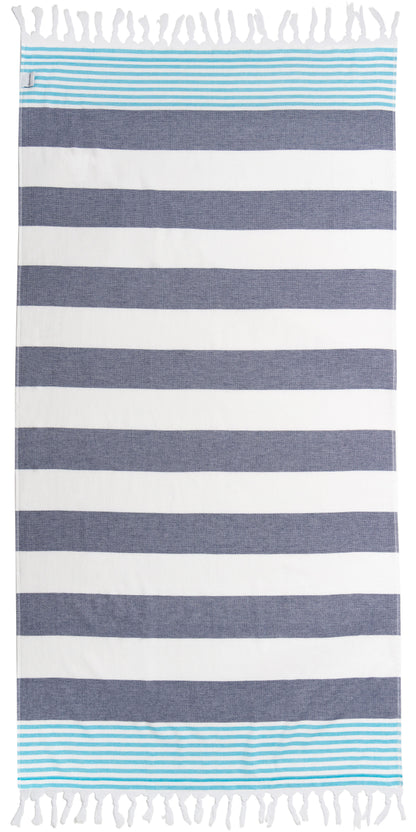 OUTLET SALE - Marine Terry Lined Turkish Towel in Navy and Blue - FINAL SALE