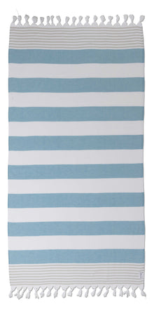  Marine Striped Organic Turkish Towel with Soft Terry Cloth Lining in Turquoise & Grey