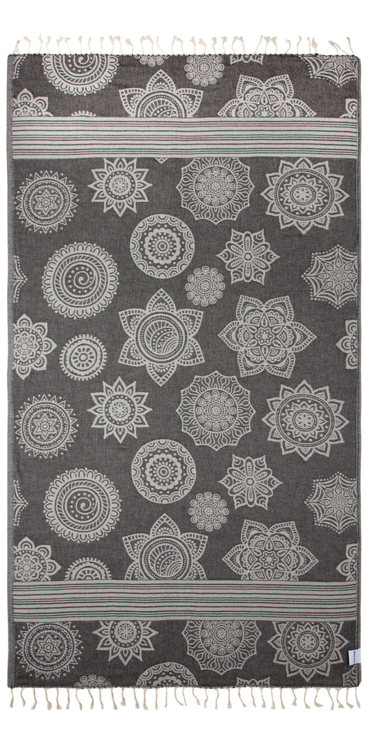 Mandala Flower Sand Resistant Turkish Towel in Black