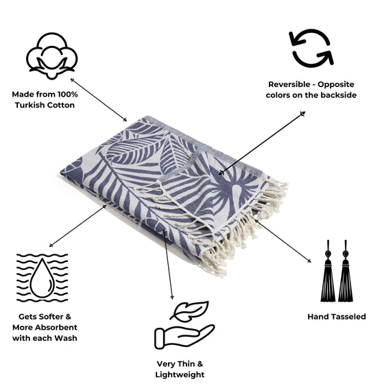 Hawaiian Flower Print Reversible Turkish Towel Made From 100% Cotton in Navy