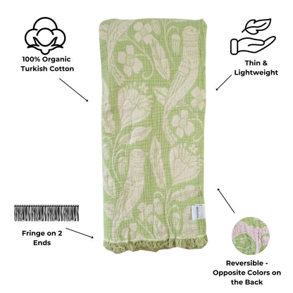 Bird and Botanicals Reversible Muslin Blanket in Olive and Beige