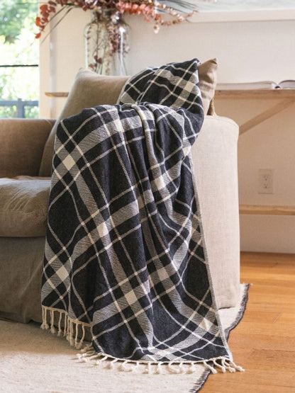 Plaid Organic Cotton Throw Blanket in Black & Beige