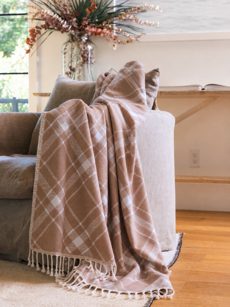 Plaid Organic Cotton Throw Blanket in Camel & Beige
