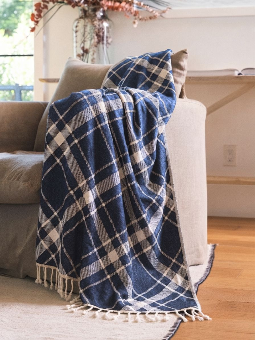 Plaid Organic Cotton Throw Blanket in Navy & Beige
