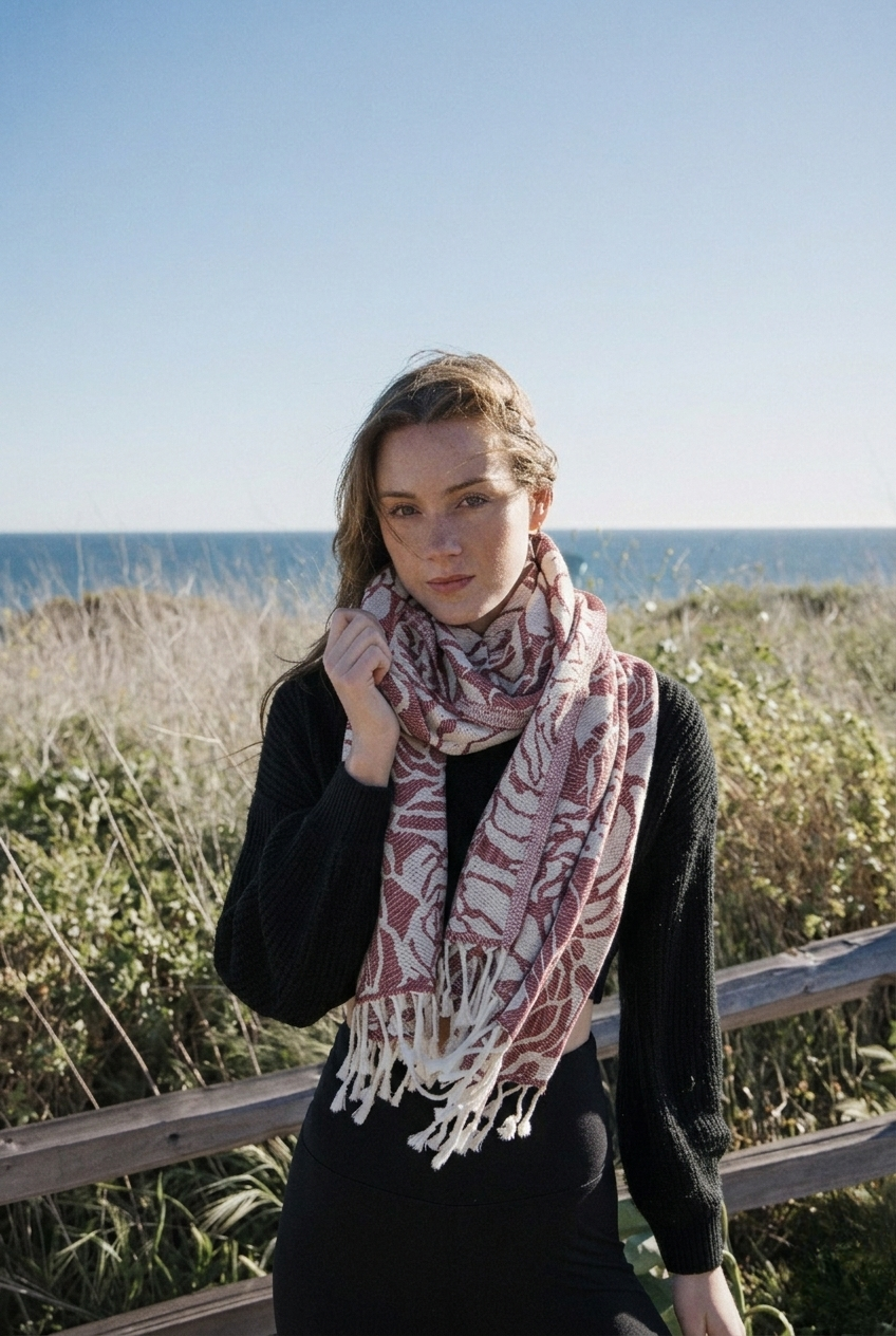 Woman wearing a rose patterned  towel as a scarf by the ocean