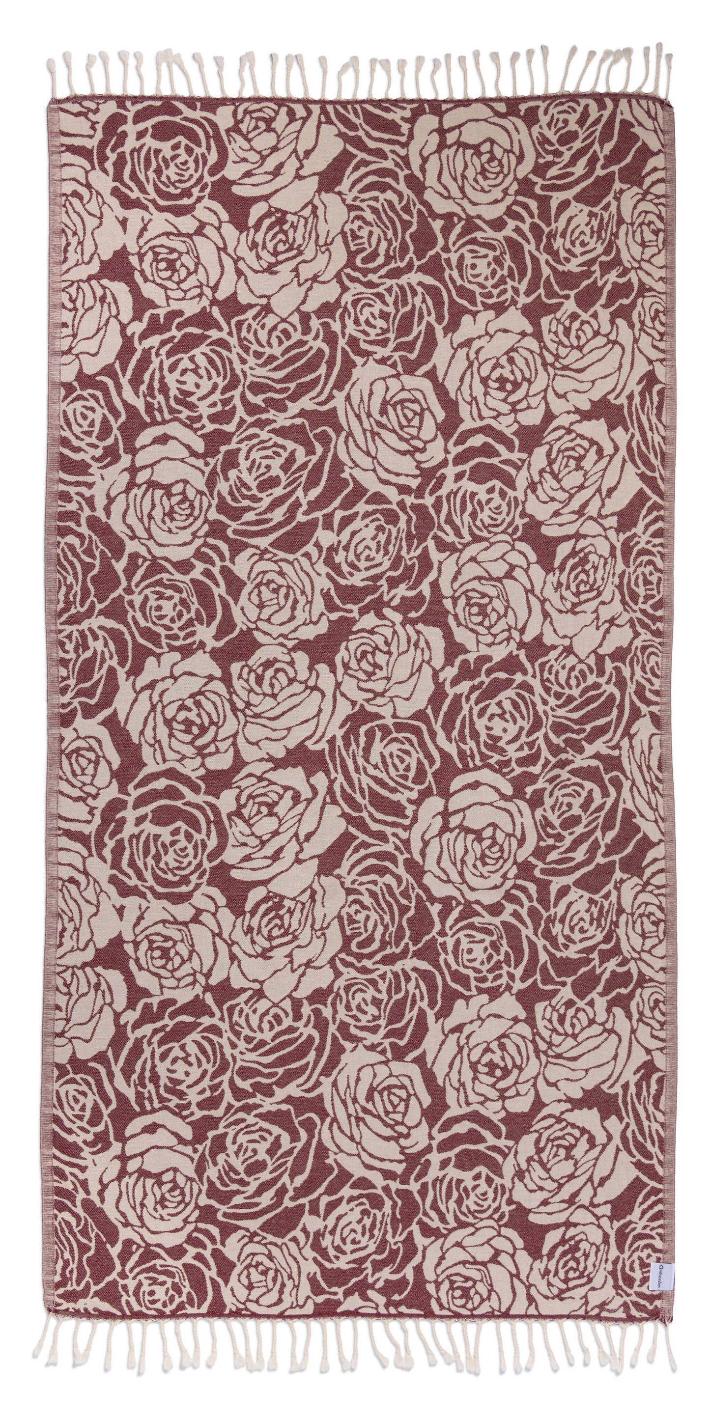 Towel with rose pattern in red and beige on a white background