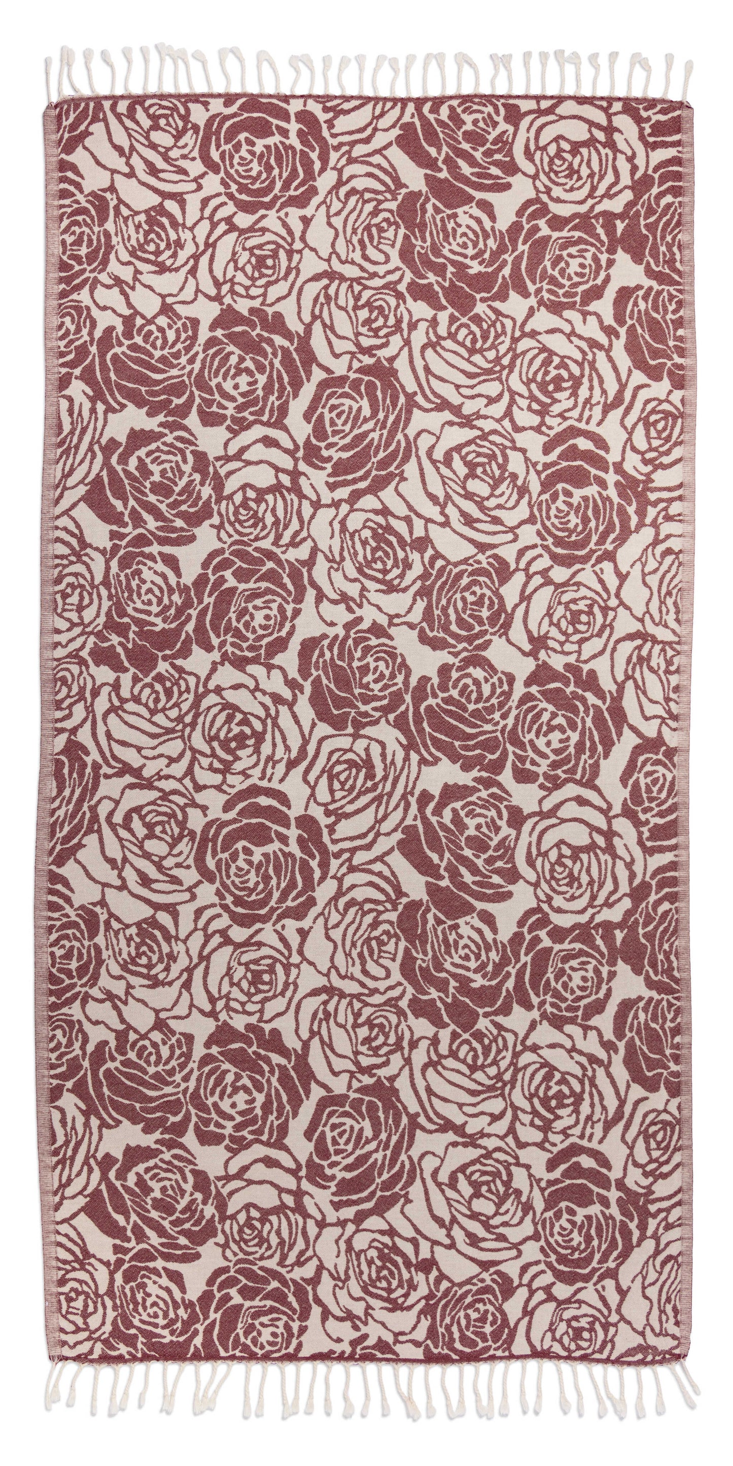 Towel with rose pattern in red and beige on a white background