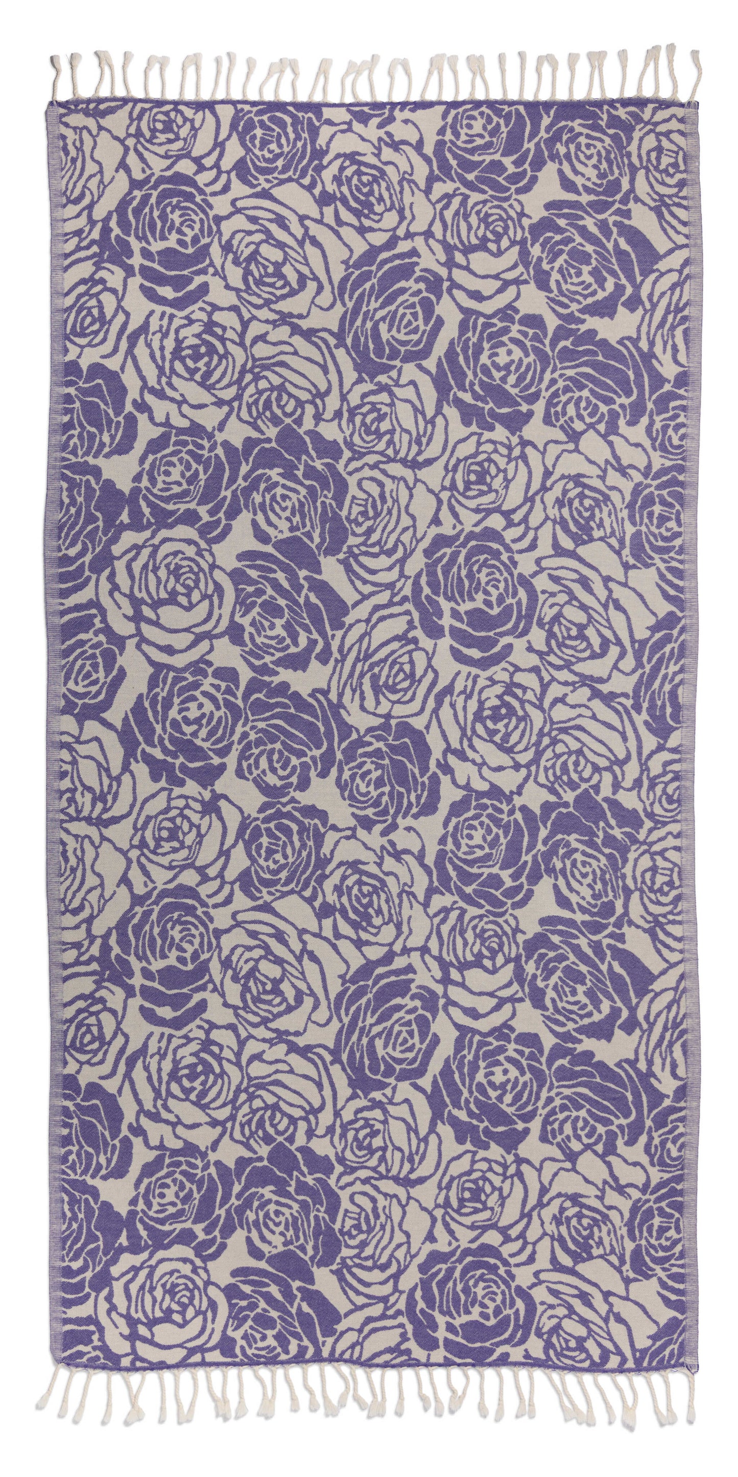 Patterned fabric with blue rose design on a white background