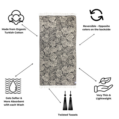 Towel with rose pattern and features  like organic and lightweight, listed on a white background