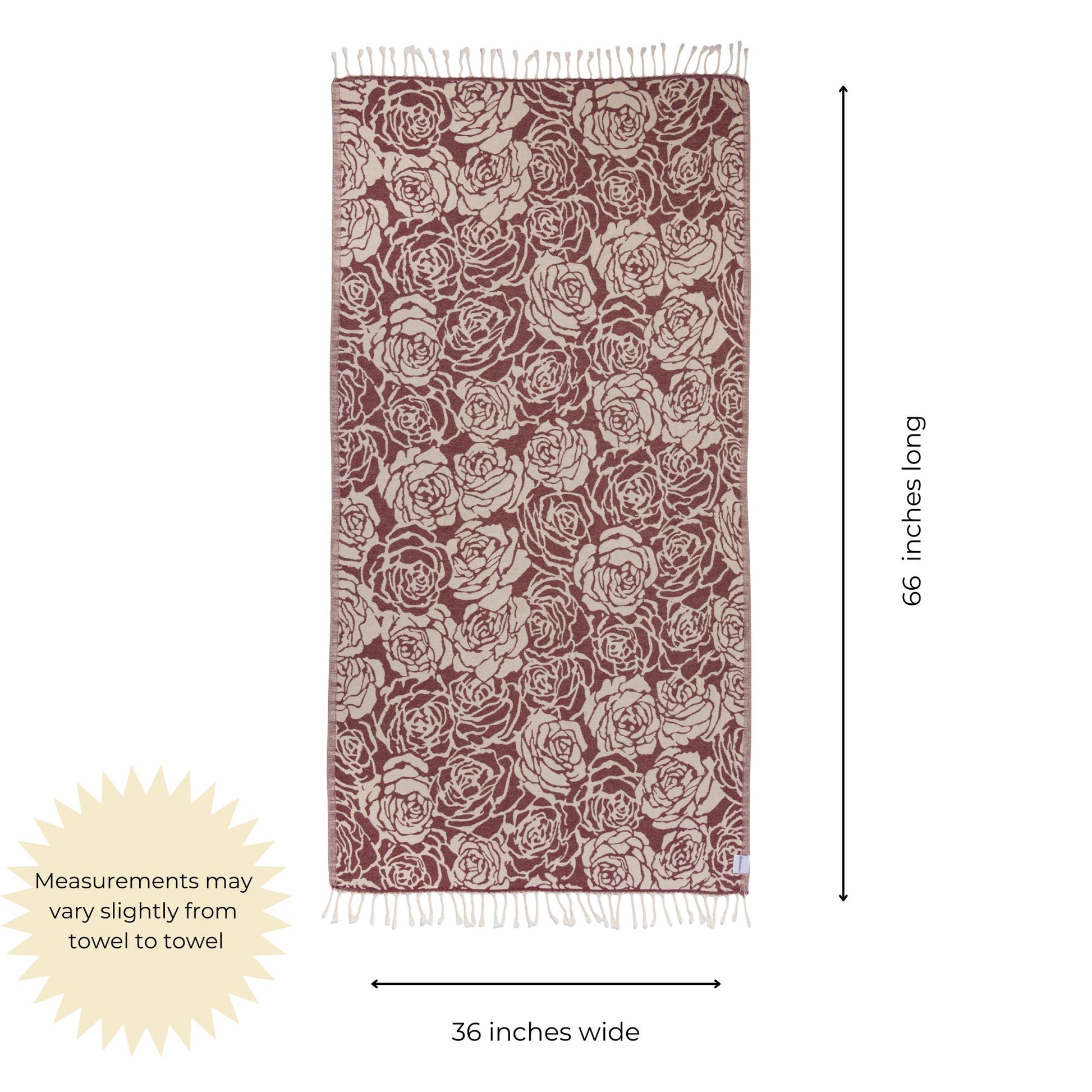 Rose patterned towel with dimensions on a white background... 36 inches x 66 inches