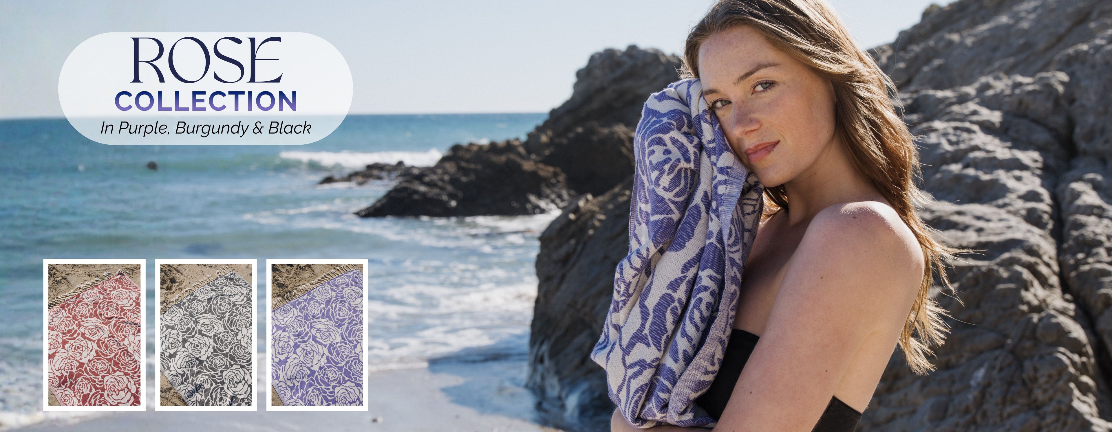 Woman on a beach with a towel, featuring the Rose Collection branding.