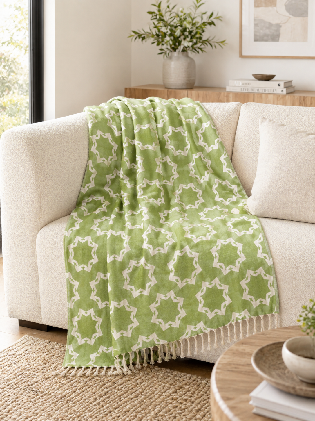 Rosette Organic Cotton Throw Blanket in Olive & Beige