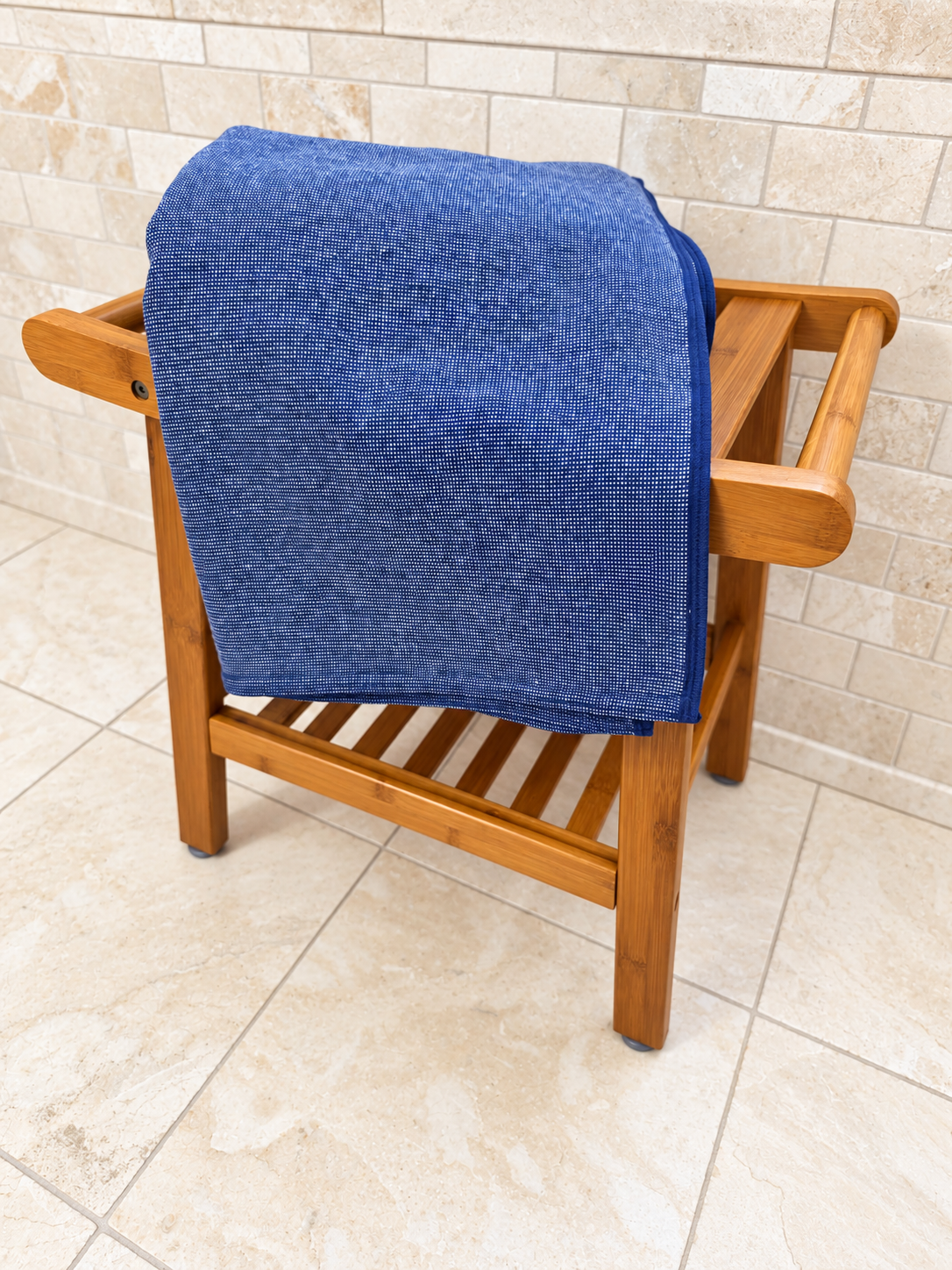 Stucco Organic Terry Cloth Lined Turkish Towel in Navy