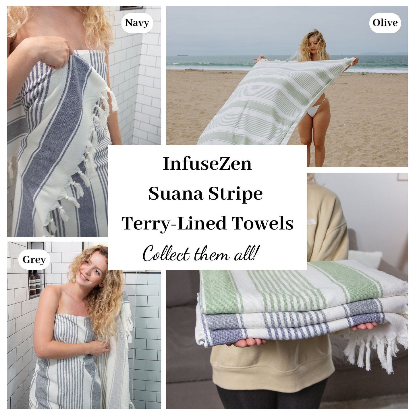 Sauna Stripe Organic Terry Cloth Lined Turkish Towel in Navy Blue