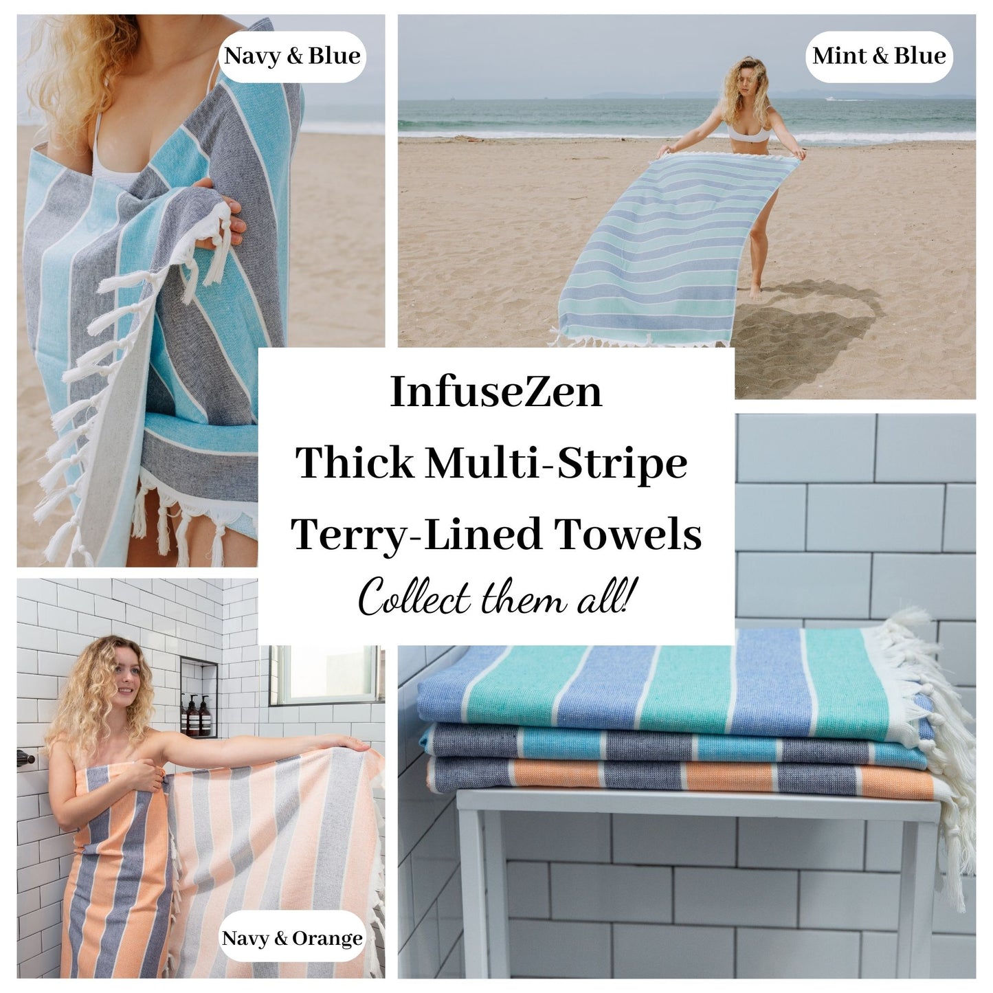 Multi Stripe Terry Cloth Lined Turkish Towel in Blue and Navy