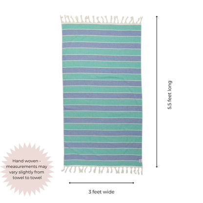 Multi Stripe Terry Cloth Lined Turkish Towel in Mint and Blue