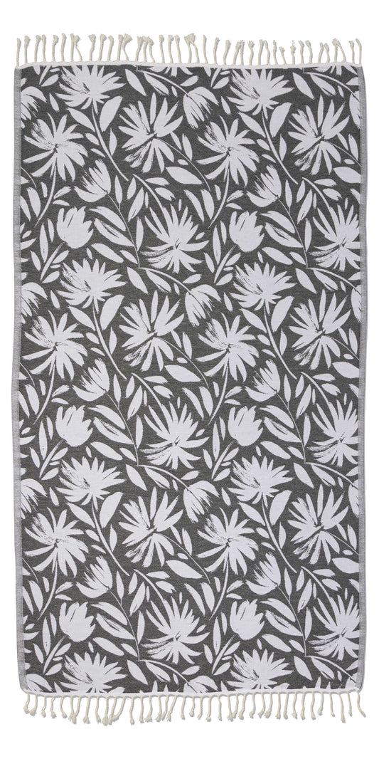 Whimsical Flower Organic Turkish Towel in Black
