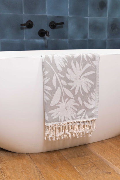Whimsical Flower Organic Turkish Towel in Grey