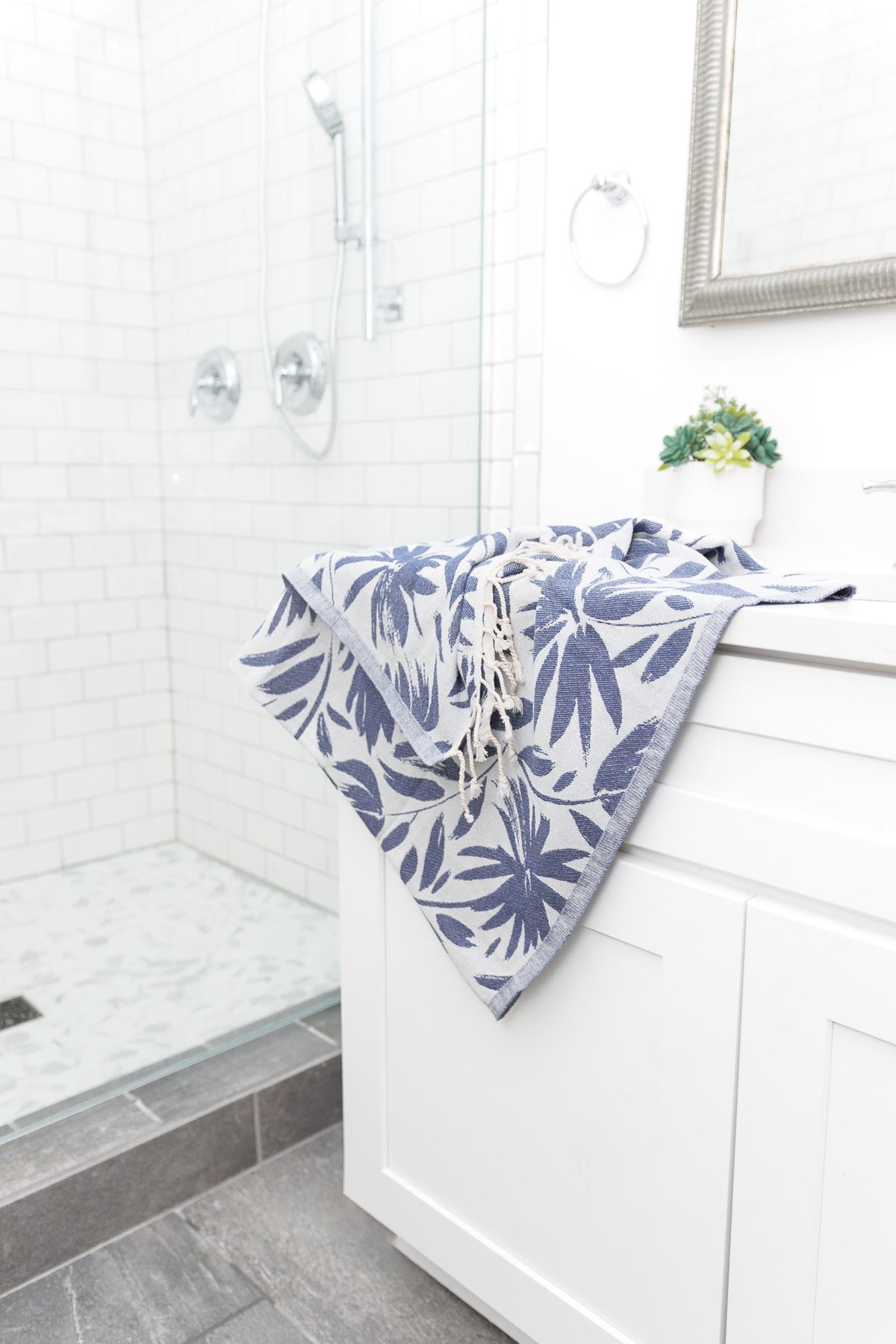 Whimsical Flower Organic Turkish Towel in Navy Blue