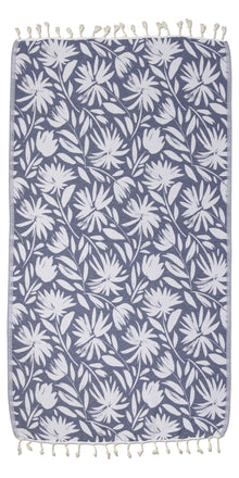  Whimsical Flower Organic Turkish Towel in Navy Blue