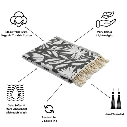 Whimsical Flower Matching Blanket & Towel Bundle – Black (1 Blanket + 2 Towels)