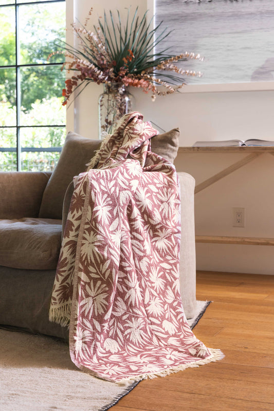 Whimsical Flower Organic Reversible Muslin Blanket in Burgundy & Natural