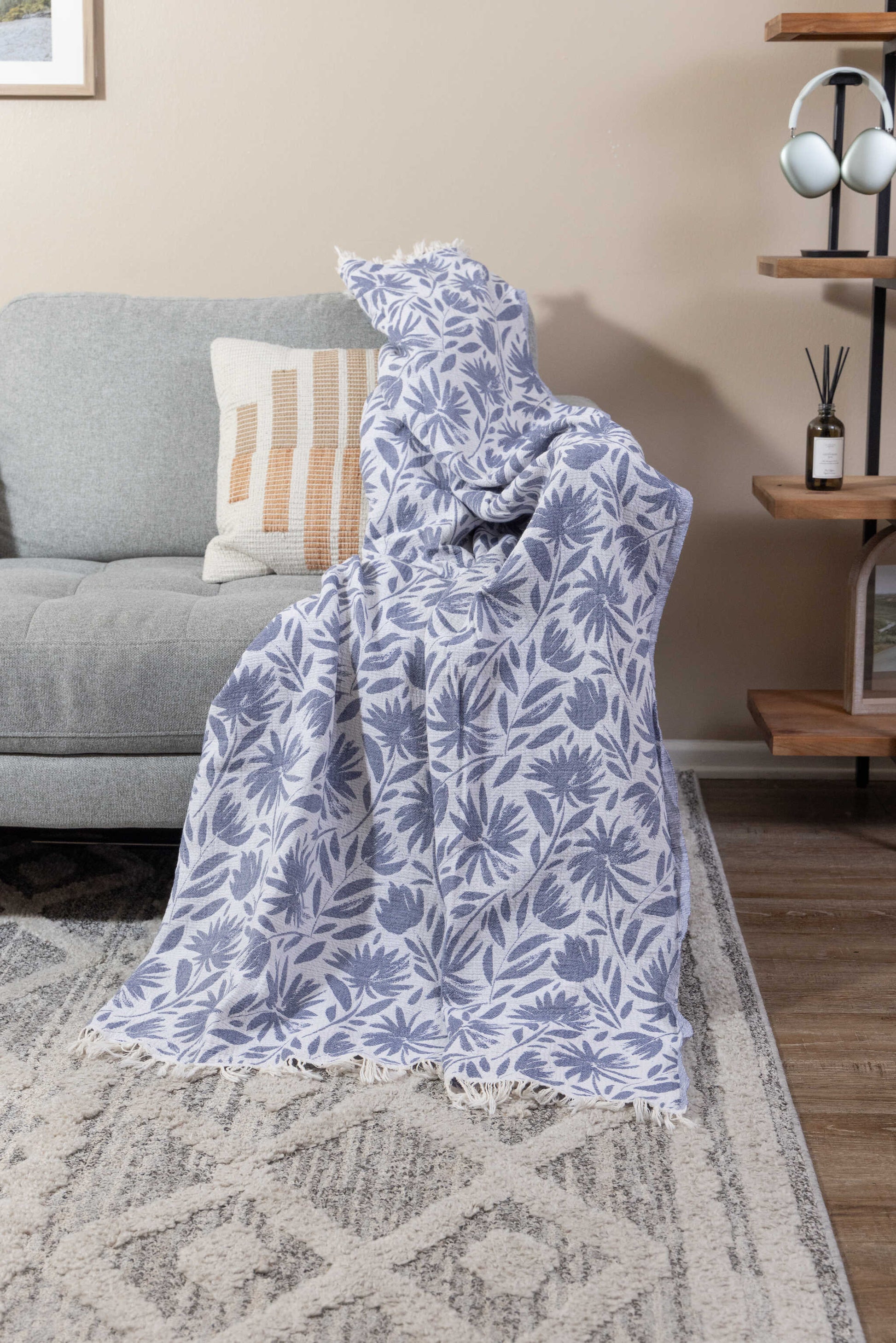 Whimsical Flower Organic Reversible Muslin Blanket in Navy