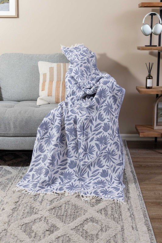 Whimsical Flower Organic Reversible Muslin Blanket in Navy & Natural