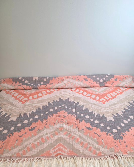 OUTLET SALE - Zig Zag Turkish Towel in Coral and Grey - FINAL SALE