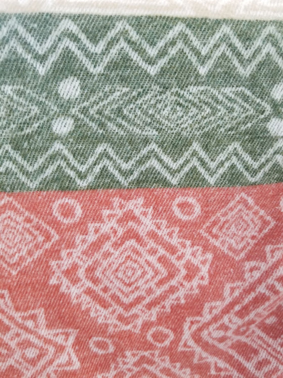 Cozy Turkish Throw Blanket in Coral, Olive Green & Peachy Beige