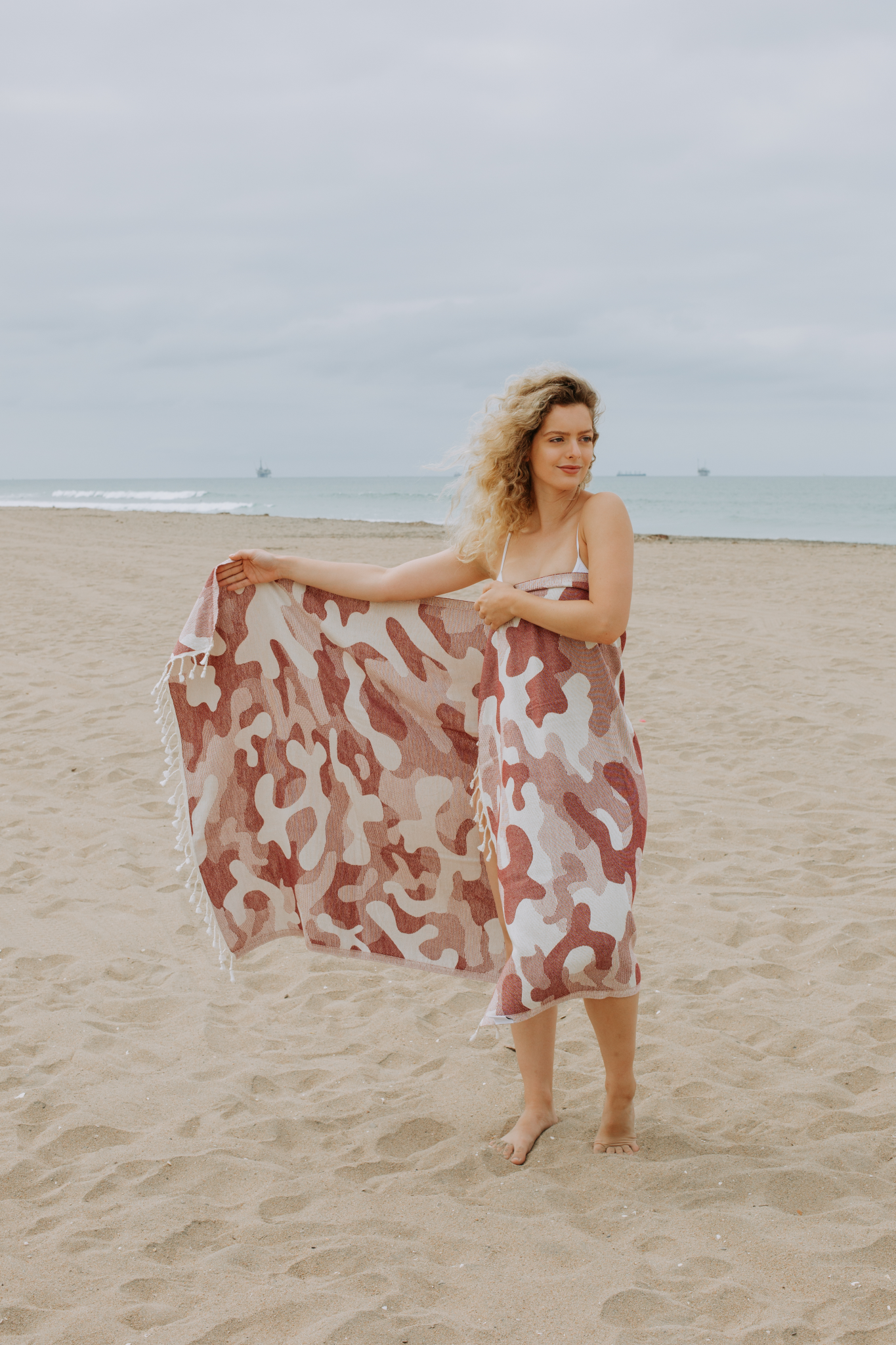Camo Print Sand Resistant Reversible Turkish Towel in Burgundy